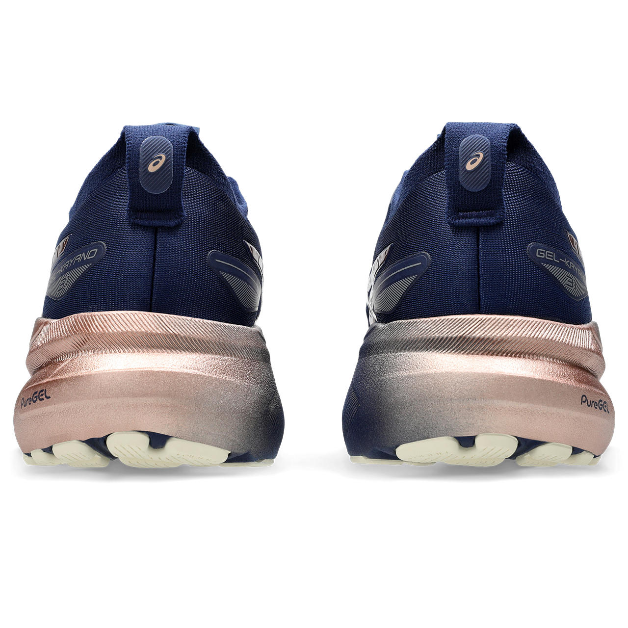 The heel area of the Women's kayano 31 has a navy upper and a gold heel