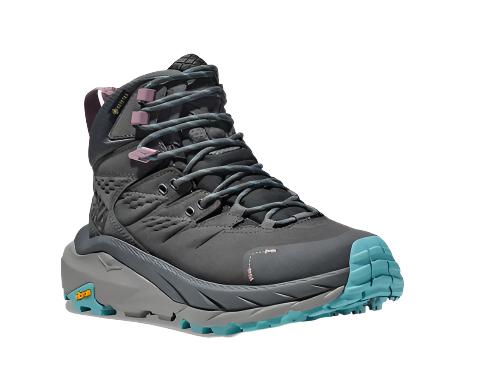 Front angle view of the Women's HOKA Kaha 2 Gortex hiking shoe in the color Castlerock/Coastal Shade