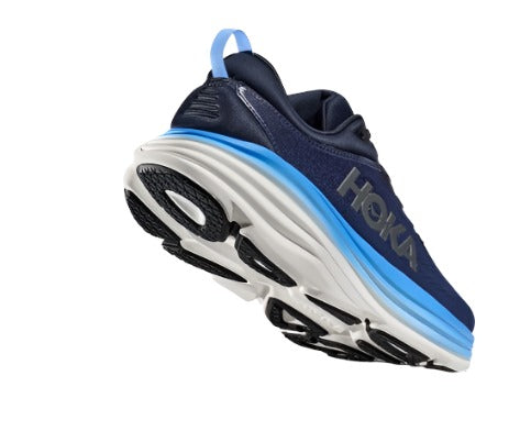 Back angled view of the Men's HOKA Bondi 8 in the color Outer Space/All Aboard