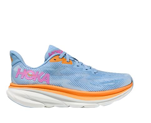 Lateral view of the Women's HOKA Clifton 9 in the color Airy Blue/Ice Water