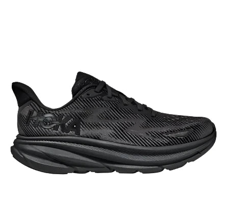 Lateral view of the Women's Clifton 9 by HOKA in the color Black/Black