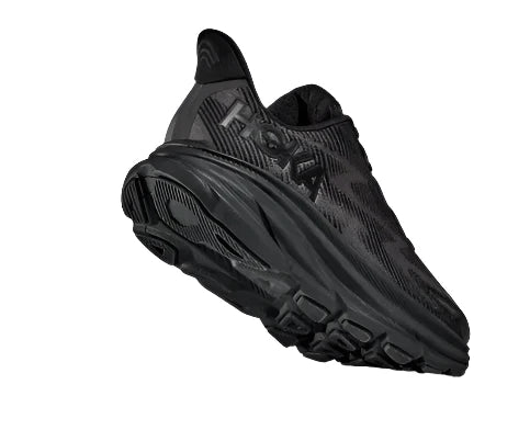 Back angle view of the Women's Clifton 9 by HOKA in the color Black/Black