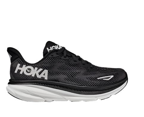 Lateral view of the Men's HOKA Clifton 9 in the wide 2E width - color Black/White