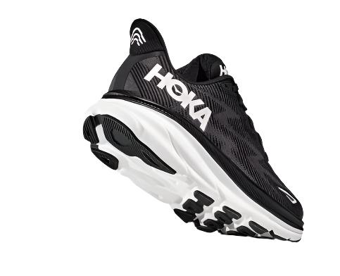 Back angled view of the Women's HOKA Clifton 9 in the color Black/White