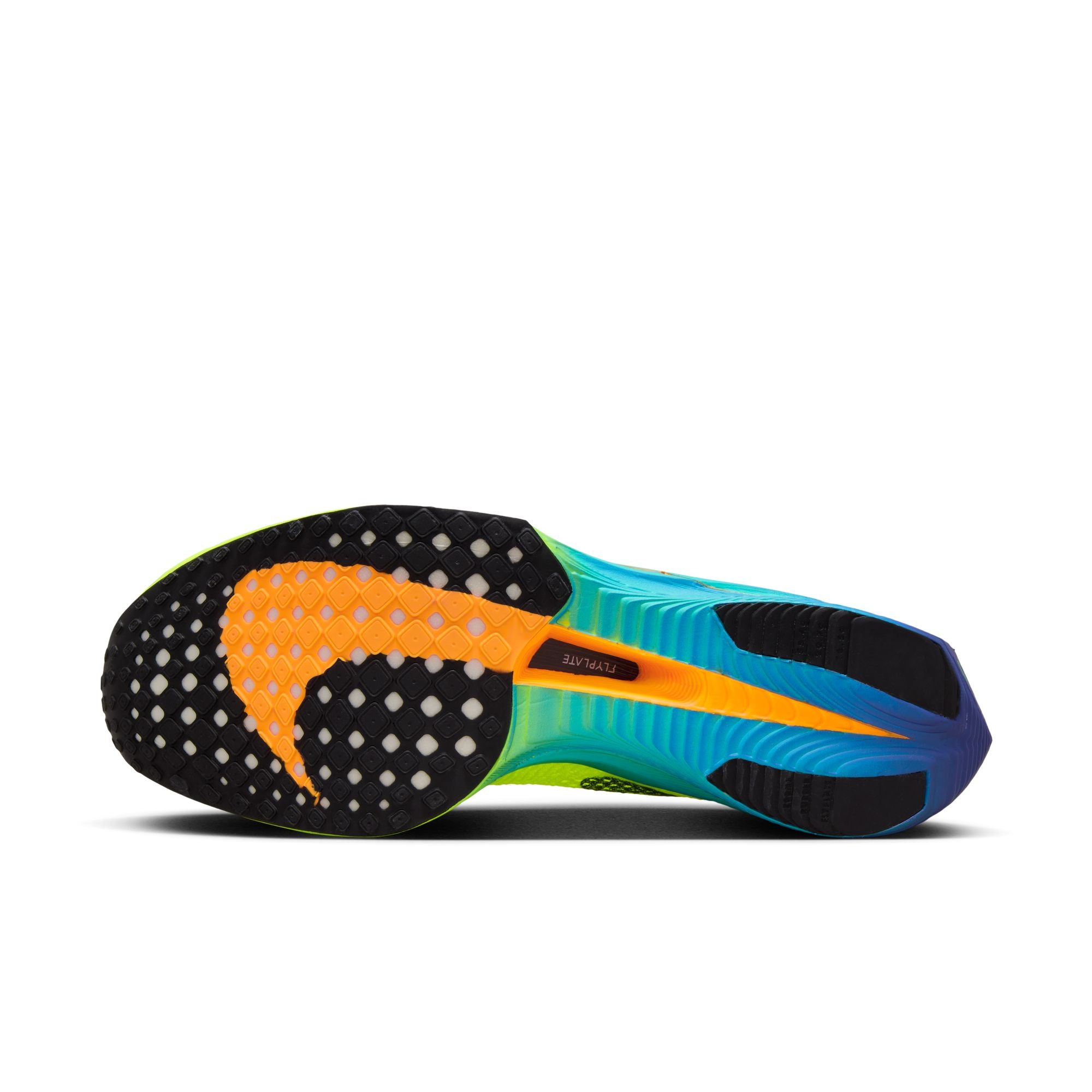 The outsole of the women's Vaporfly 3 has a large swoosh on teh bottom that has the curved part just under the forefoot