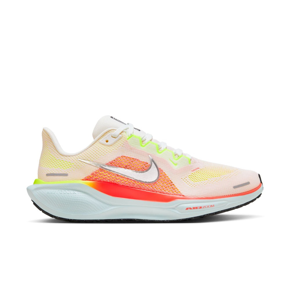 The women's Pegasus 41 is a great running shoe that is white based color in the upper with lots of bright colors woven in