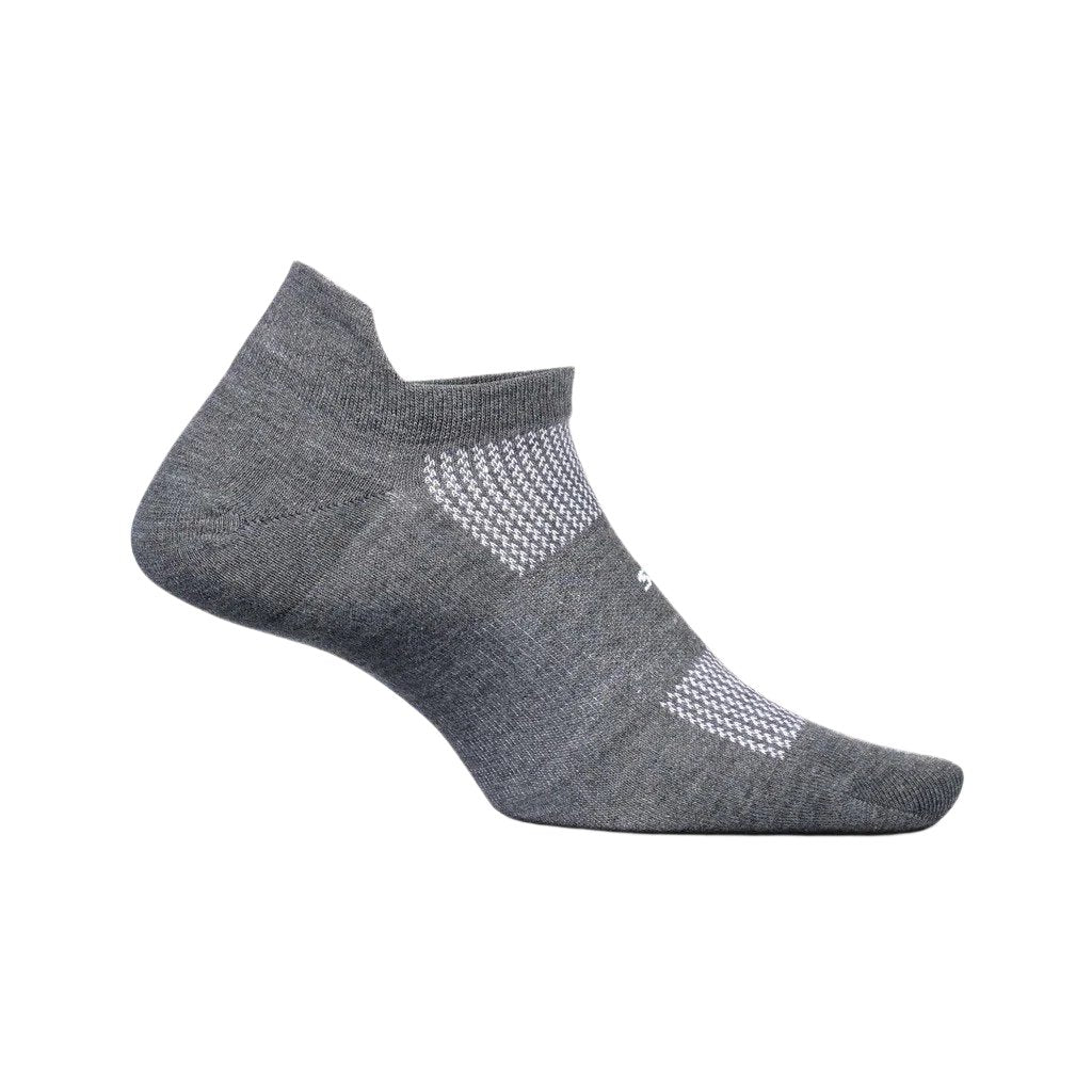 Medial view of the Feetures High Performance Cushion no show tab sock in the color grey