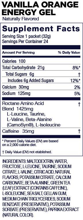 View of the back Nutrition panel on a GU Roctane Energy Gel in Vanilla Orange