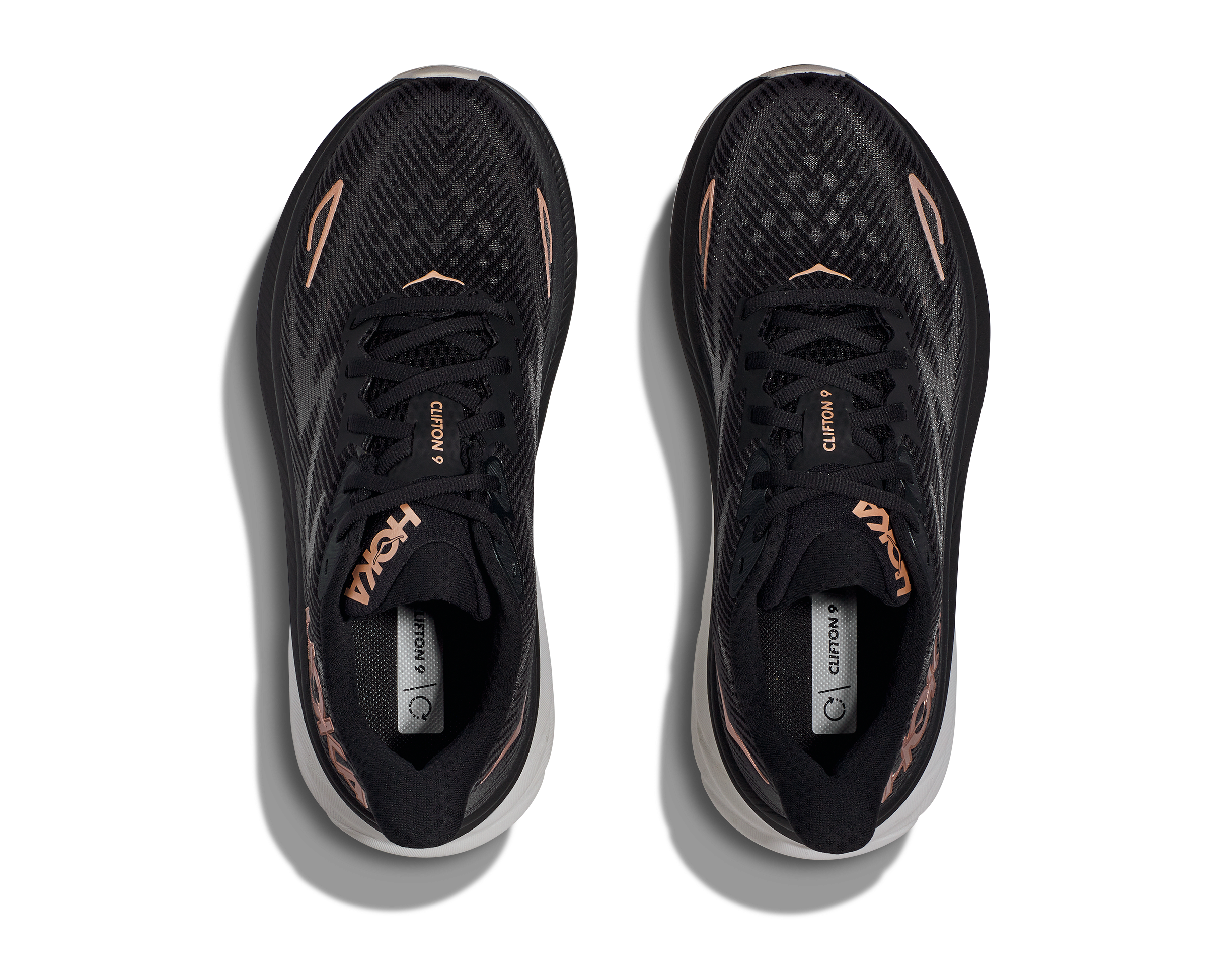 Top view of the Women's Clifton 9 by HOKA in the color Black/Rose Gold