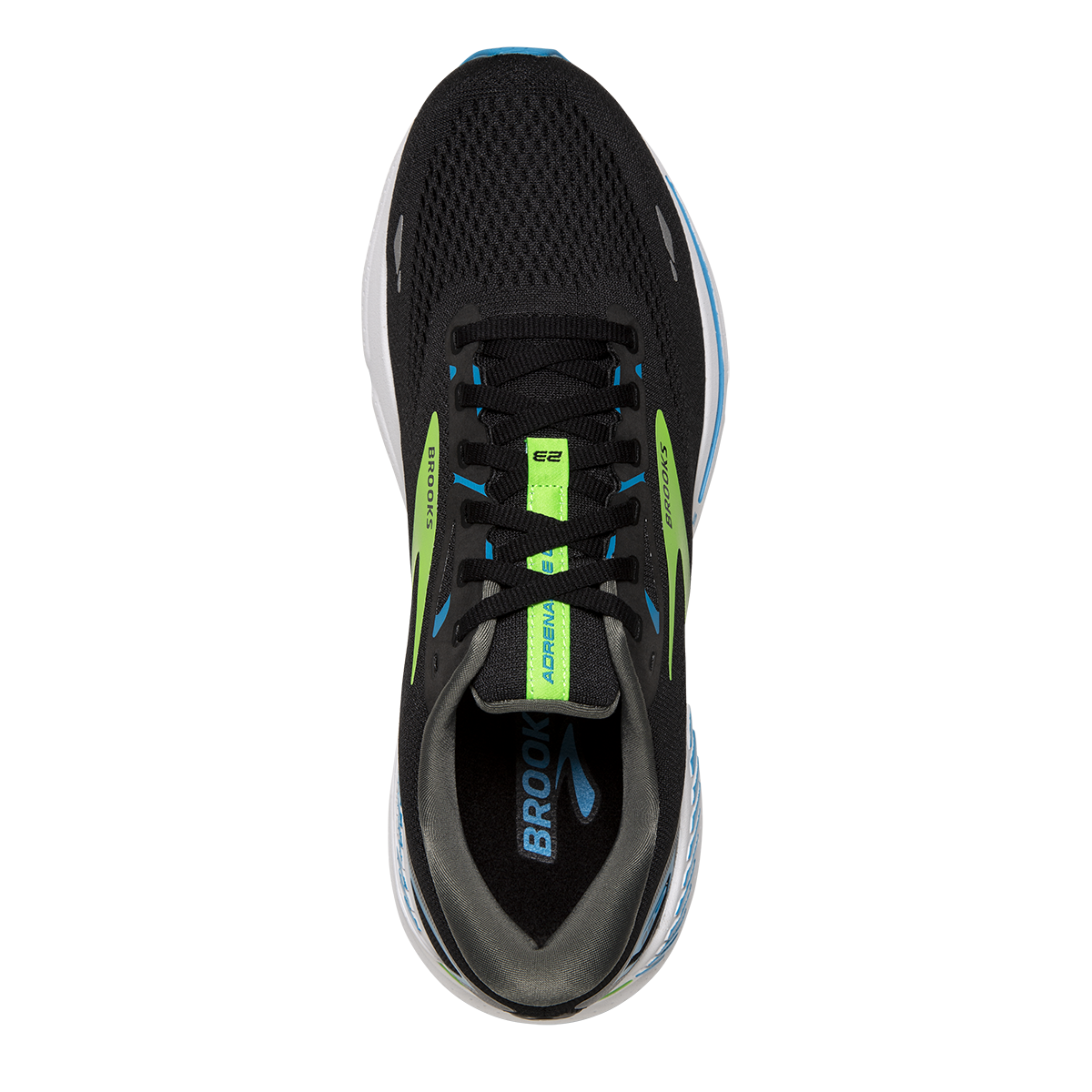 Top view of the Men's Adrenaline GTS 23 by Brook's in the color Black/Hawaiian Ocean/Green