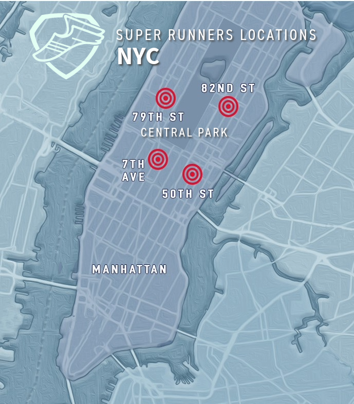 This is a map of NYC that show the locations of the 4 Super Runners Shops.  It is not a detailed map of exact locations, but it does highlight the neighborhoods each store is in